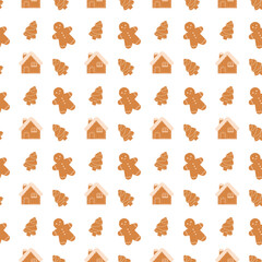 Gingerbread cookies like gingerbread man, house, tree seamless vector pattern. Ginger cookies background for textiles, wallpapers and festive decorations.