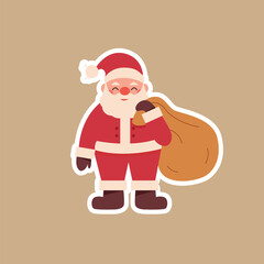 Santa Claus holding a sack with gifts sticker. Vector illustration cartoon flat style.