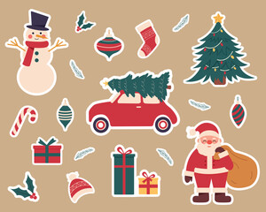 Christmas elements Santa Claus, snowman, Christmas tree, candy cane, ornaments,gifts stickers on retro background.Vector illustration cartoon flat style. Merry Christmas decorations.