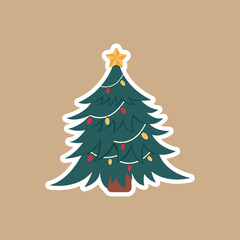 Christmas tree with ornaments and star sticker on retro background.Vector illustration cartoon flat style