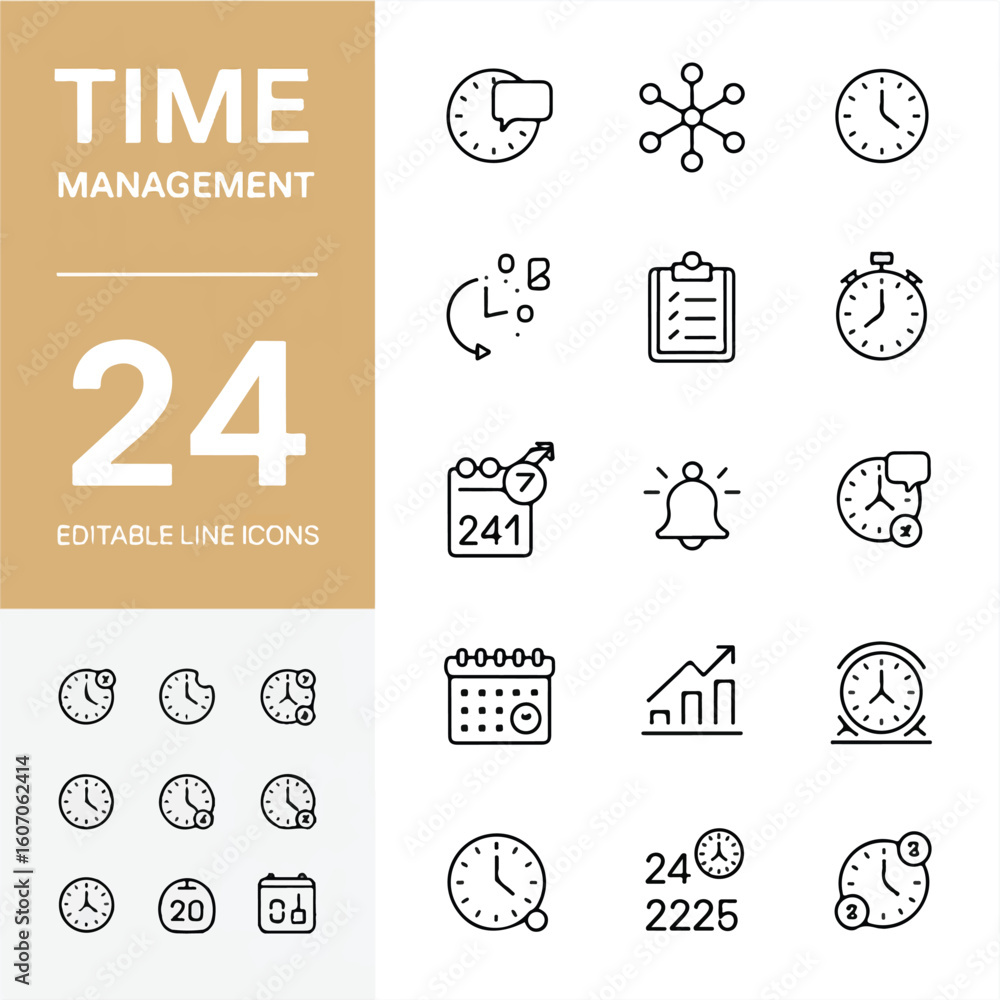 Poster a minimalist icon set collection for time management, displayed on a white background with a tan-col