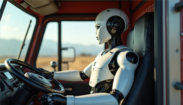 Futuristic Robot Driver in Truck Interior