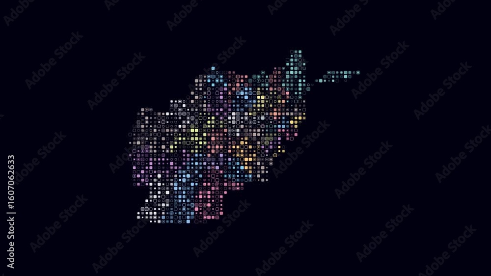 Poster afghanistan dotted animation. shape of the country build of pulsating colored dots. small size round