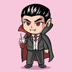 Cute Vampire Cartoon: A charming vampire cartoon character with striking red eyes, clad in a classic cape and suit, holding a refreshing drink. A modern twist on a timeless figure