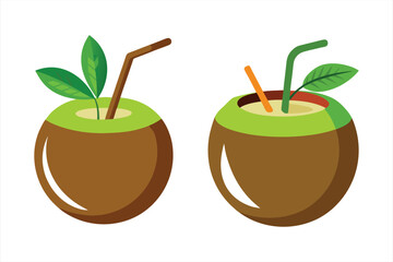 Refreshing coconuts with straws and leaves, offering a tropical and healthy beverage option for a sunny day