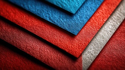 Red, blue, and white paper sheets arranged at an angle on a red background