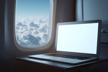 Fototapeta premium Laptop on airplane window seat with clouds