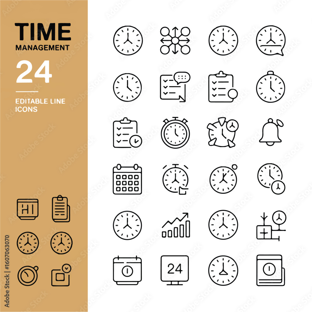 Poster a minimalist icon set collection for time management, displayed on a white background with a tan-col