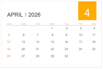April calendar page for 2026 year isolated on white background, Save clipping path.