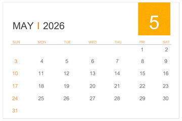 May calendar page for 2026 year isolated on white background, Save clipping path.