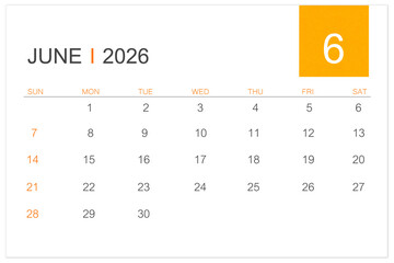 June calendar page for 2026 year isolated on white background, Save clipping path.