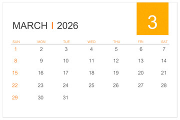 March calendar page for 2026 year isolated on white background, Save clipping path.