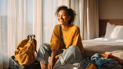 Tourist unpacking her suitcase in hotel room after arrival