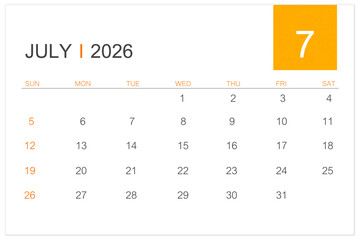 July calendar page for 2026 year isolated on white background, Save clipping path.