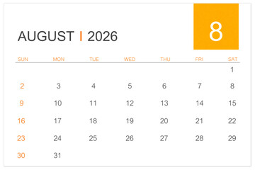 August calendar page for 2026 year isolated on white background, Save clipping path.
