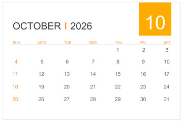 October calendar page for 2026 year isolated on white background, Save clipping path.
