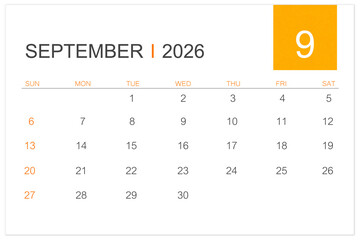 September calendar page for 2026 year isolated on white background, Save clipping path.
