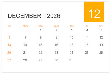 December calendar page for 2026 year isolated on white background, Save clipping path.