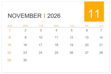 November calendar page for 2026 year isolated on white background, Save clipping path.