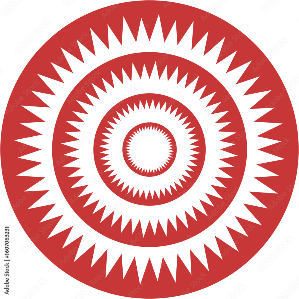 Poster vector circular red pattern with sharp white spikes and concentric design