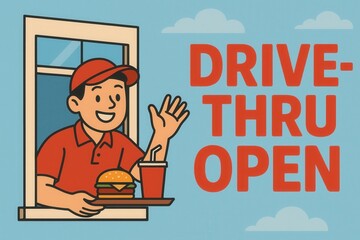 Cartoon-style illustration of a cheerful worker at a drive-thru window holding a tray with a burger and drink, accompanied by the text "Drive-Thru Open" on a light blue background.
