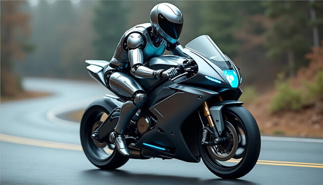 Futuristic Robot Riding Motorcycle on Mountain Road
