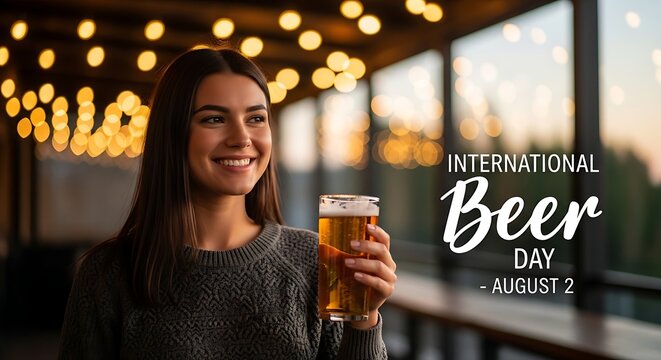 Smiling woman celebrating International Beer Day, enjoying refreshing beer at bar
