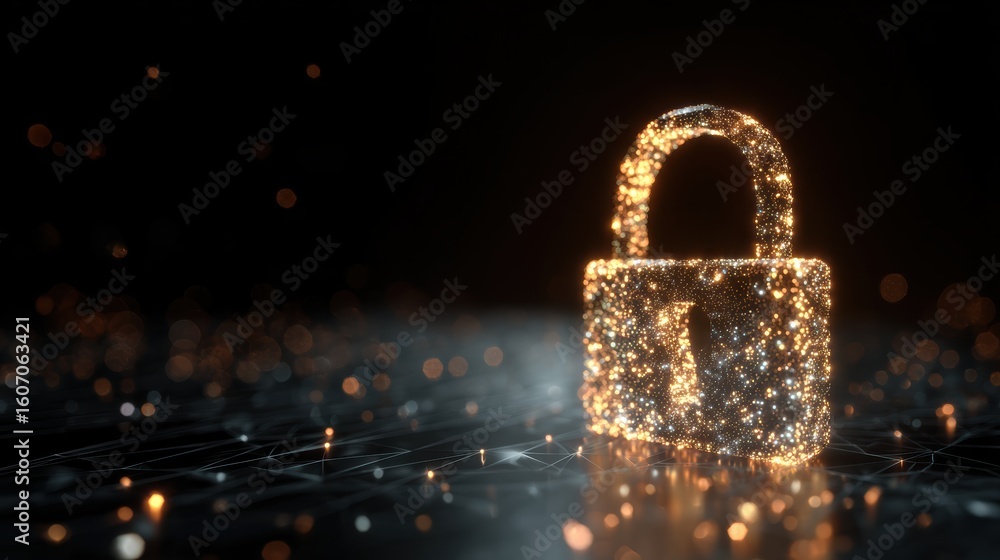 Poster a shimmering digital lock symbolizing cybersecurity, glowing in a dark environment, emphasizing prot
