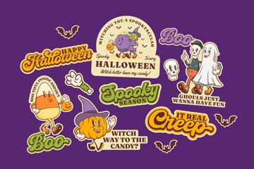 Groovy Halloween Pumpkin Retro Stickers Set. Cartoon Pie, Candy Corn, Witch, Ghost, Moon Vector Autumn Holiday Mascot Sticker Templates Collection Happy Vintage Cool Personage Illustrations Isolated
