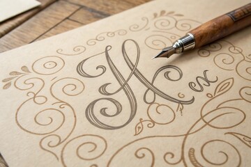 Fototapeta premium Hand-drawn script letters with ornate swirls on parchment paper with a vintage fountain pen.