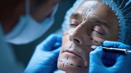 A skilled surgeon prepares a patient for facial cosmetic surgery with precision markings on the skin.