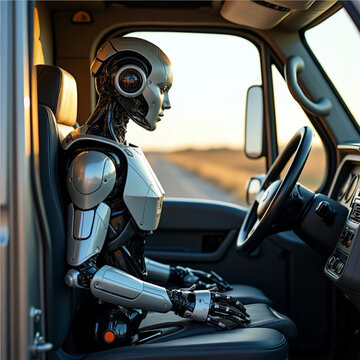Futuristic Robot Driver in Truck Interior