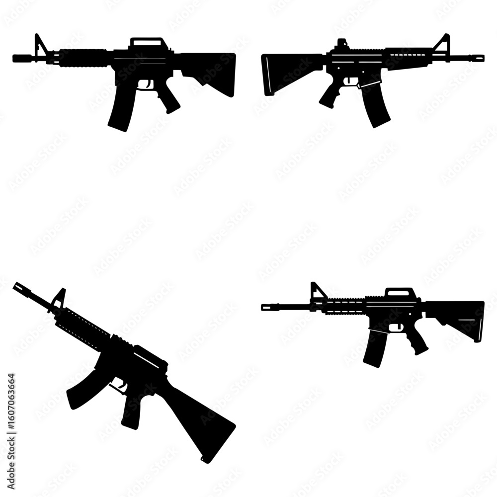Poster a collection of four black silhouette images of assault rifles displayed on a white background in a 