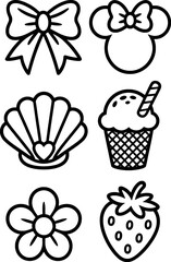 Cute cartoon icons of a bow ice cream seashell flower and strawberry collection