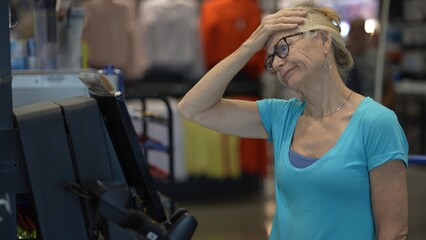 A confused, frustrated mature woman stands at a self checkout station in a hardware store holding a...