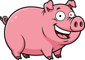 Cartoon Pig Character Illustration, Cute Pink Farm Animal Drawing, Cheerful Child-Friendly Artwork, Happy Pig in Fun Pose, Vector Design