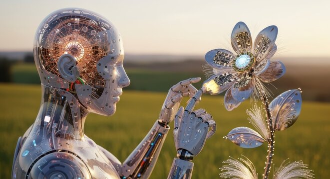 Computerized neural network embodied in robot examining biomechanical flower in field.