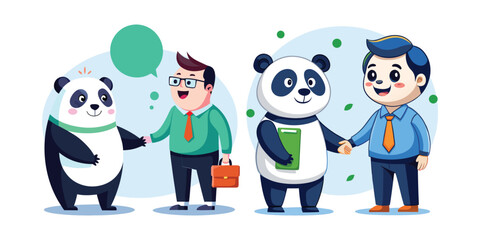 Friendly Corporate Panda Welcomes New Employee with Handshake – Business Teamwork Vector Illustration for Office Culture, HR Onboarding, and Professional Workplace Environment