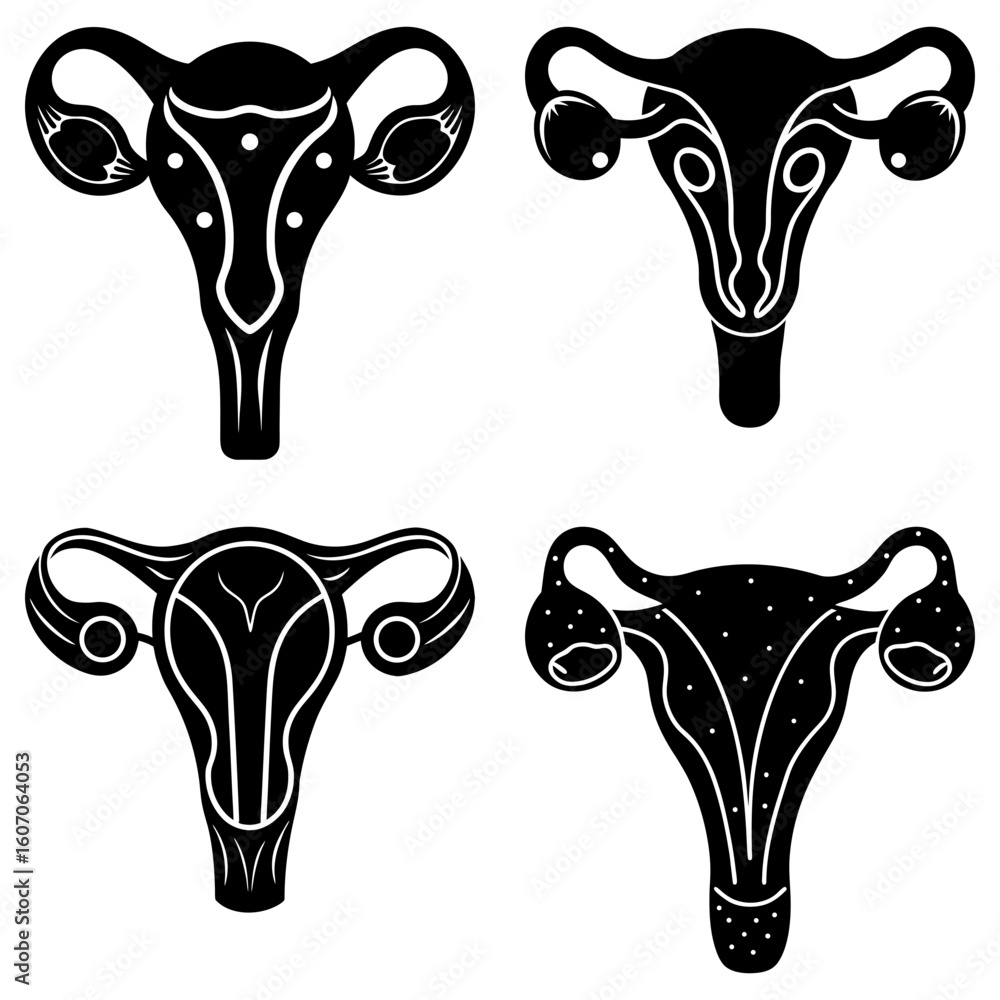 Poster four uterus illustrations with different designs and patterns in black and white color scheme art