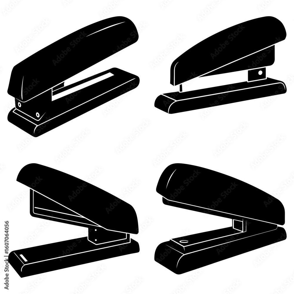 Poster four staplers in black and white showing different angles and positions on a white isolated backgrou