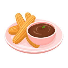 Golden-brown ridged churros served with a rich chocolate dipping sauce in a pink bowl on a plate.