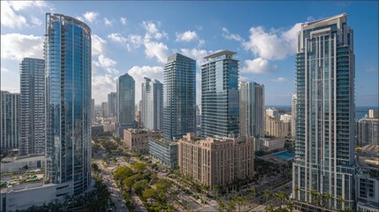 A stunning urban skyline featuring modern skyscrapers and vibrant city life beneath a bright blue sky.
