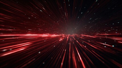 A stunning visualization of light speed travel through a cosmic landscape with vibrant red streaks and stars.