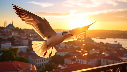 Seagull flying over city at sunset