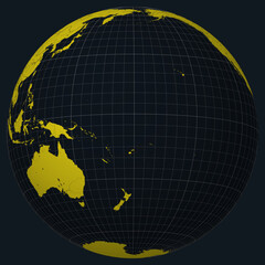 Tuvalu on Globe. Country view on the world map in Charcoal Bright Yellow color palette. Tuvalu shape on map. Globe with meridians, parallels, countries, rivers and lakes.