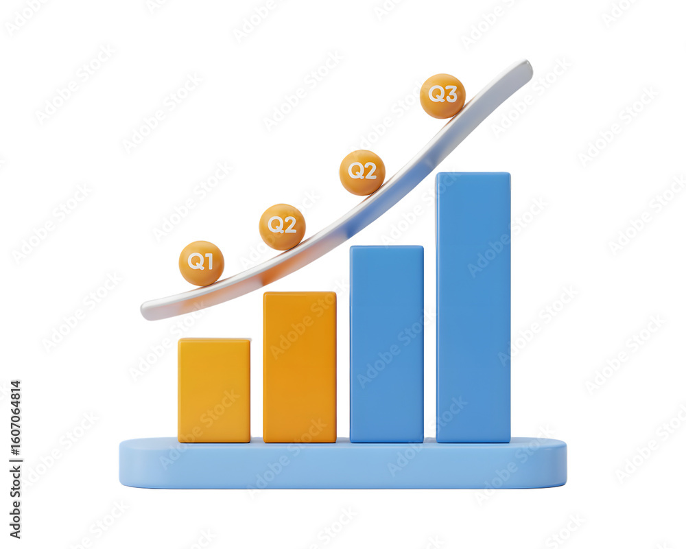 Poster 3d render of a bar chart showing quarterly growth with orange spheres representing each quarter on t