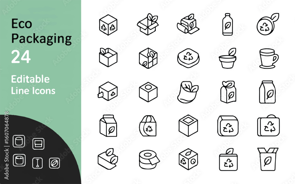 Poster a set of 24 eco-friendly packaging line icons arranged in a grid format on a white background.