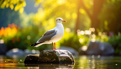 Seagull on stone, tranquil park scene