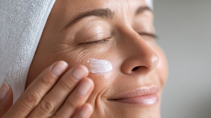 Naklejka premium A woman applying skincare product to her face, showcasing a beauty routine for healthy skin and relaxation.