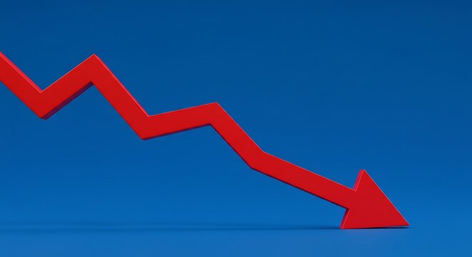 Red Arrow Pointing Down on Blue Background Indicating Decline